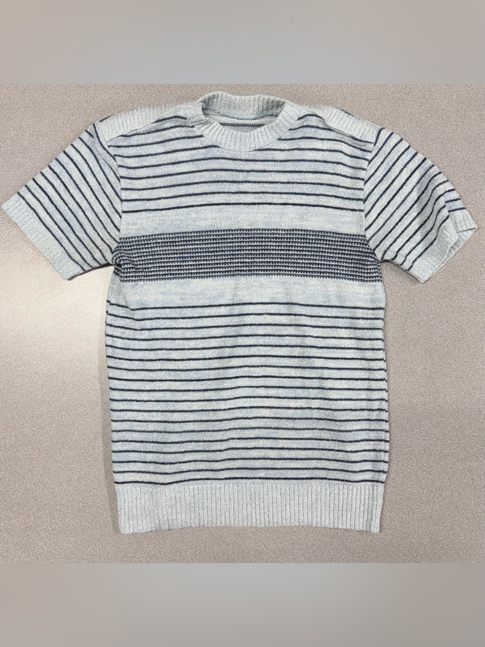 Vintage 1970s Men’s Light Blue and Navy Striped Crewneck Open Knit Shirt